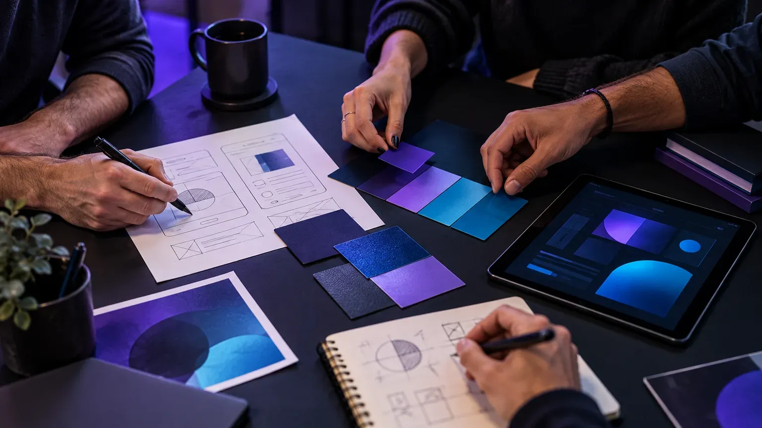 Equipo creativo colaborando sobre diseños, prototipos y muestras de color de Nexova