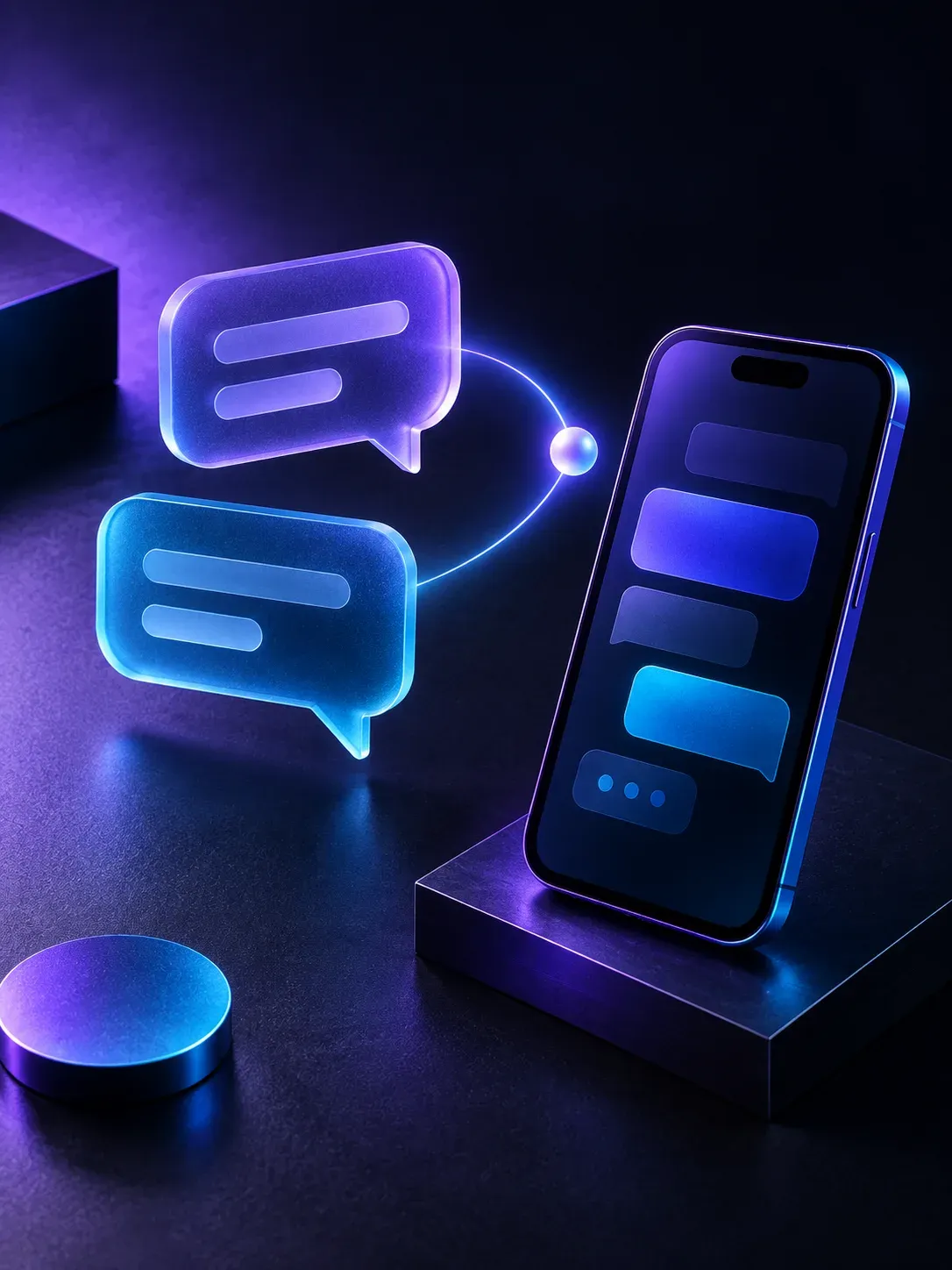 Teléfono con una conversación visual representada por burbujas de cristal iluminadas